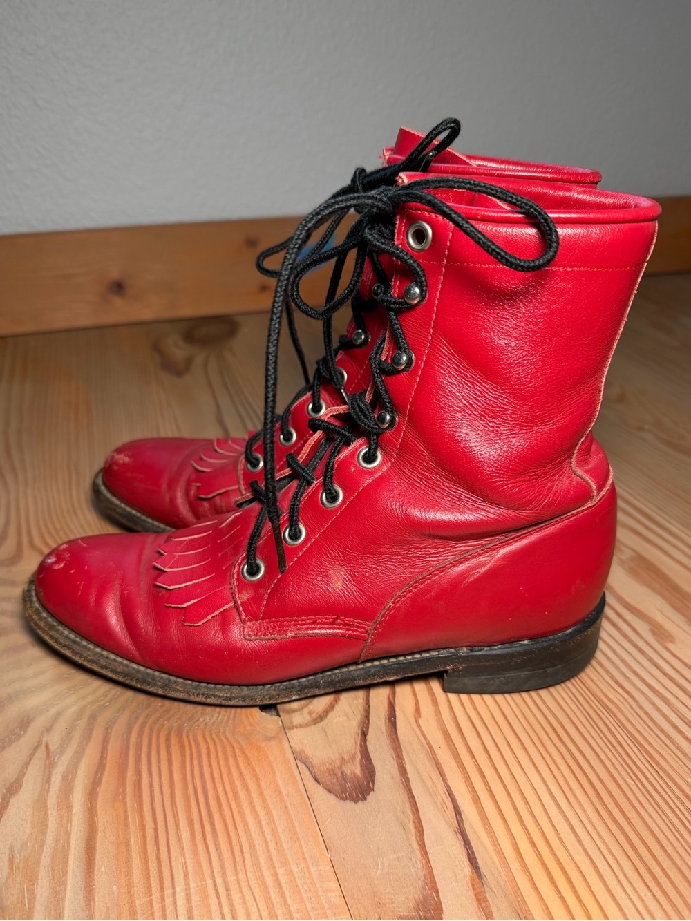 Vintage Justin Red Leather Fringe Lace Up Combat Boots Victorian Biker Western